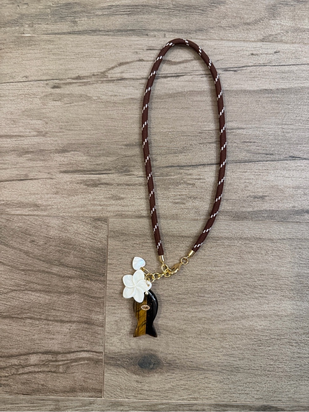 Brown Rope Necklace with White Flower & Tiger Eye Fish Charm